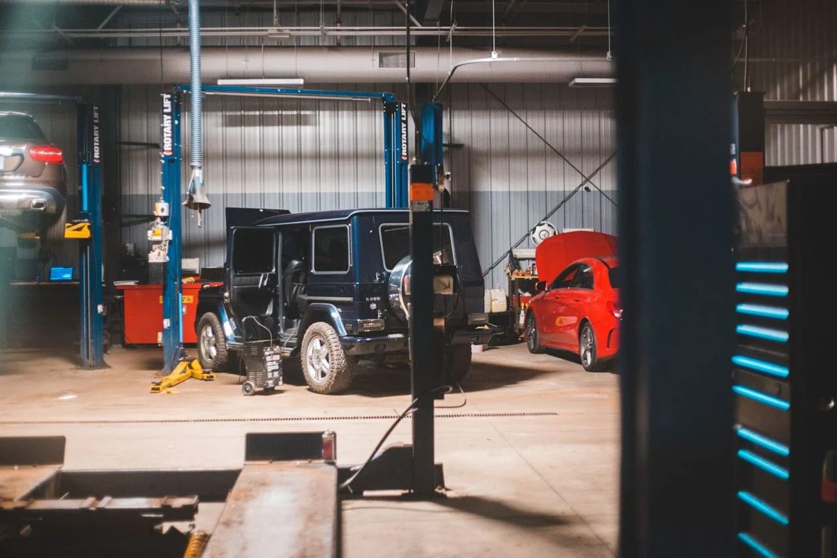 A neon-lit service bay